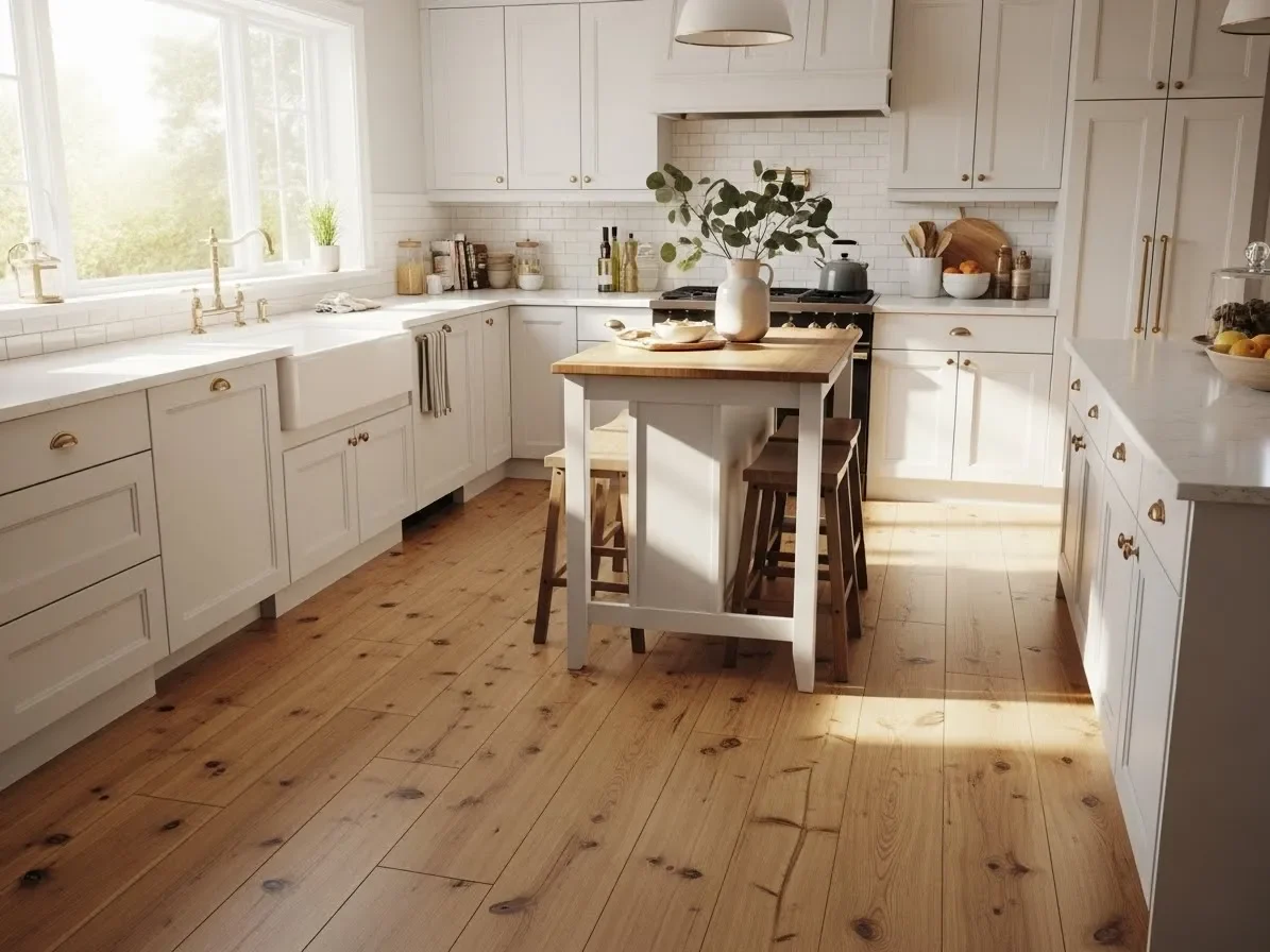 Cozy kitchen with wide-plank natural hardwood floors, warm sunlight, and brass hardware for a timeless look.