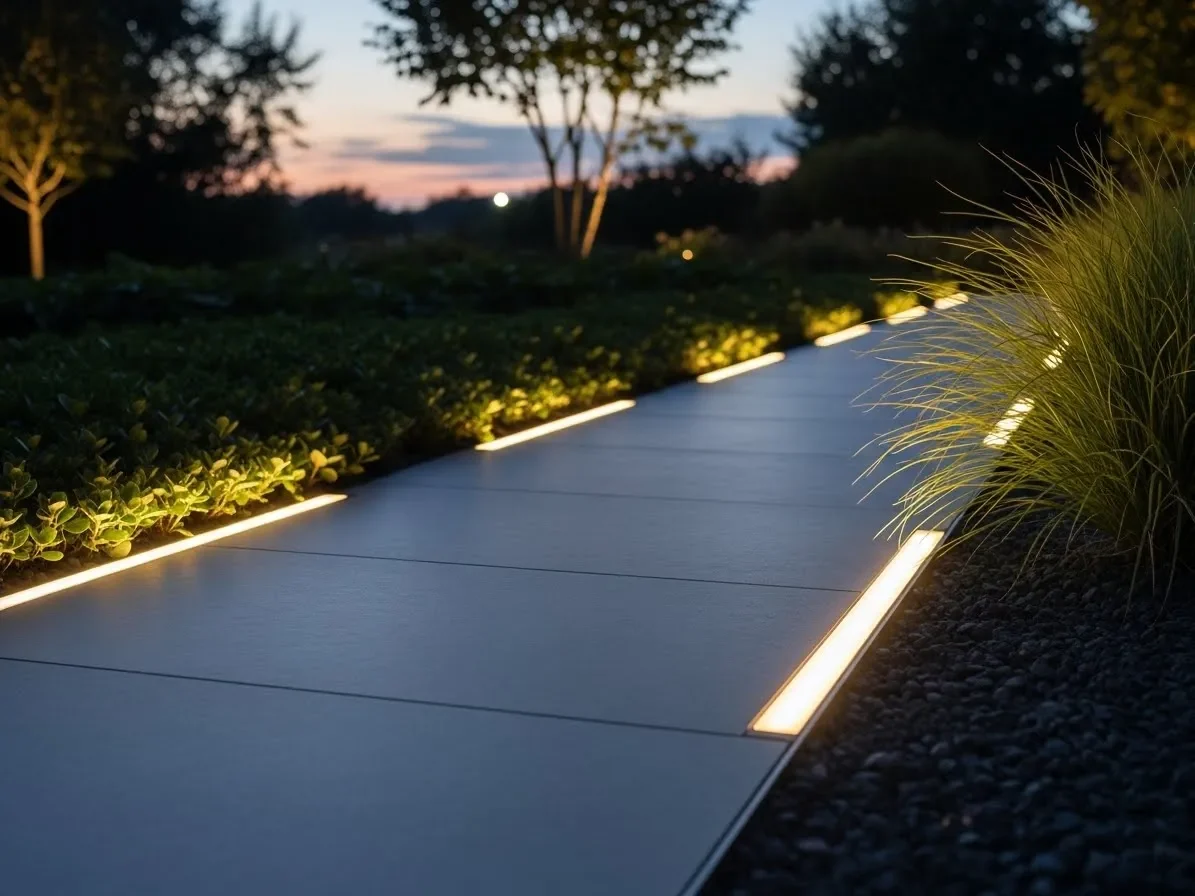 Hidden ground lights creating a clean modern lighting effect in a garden.