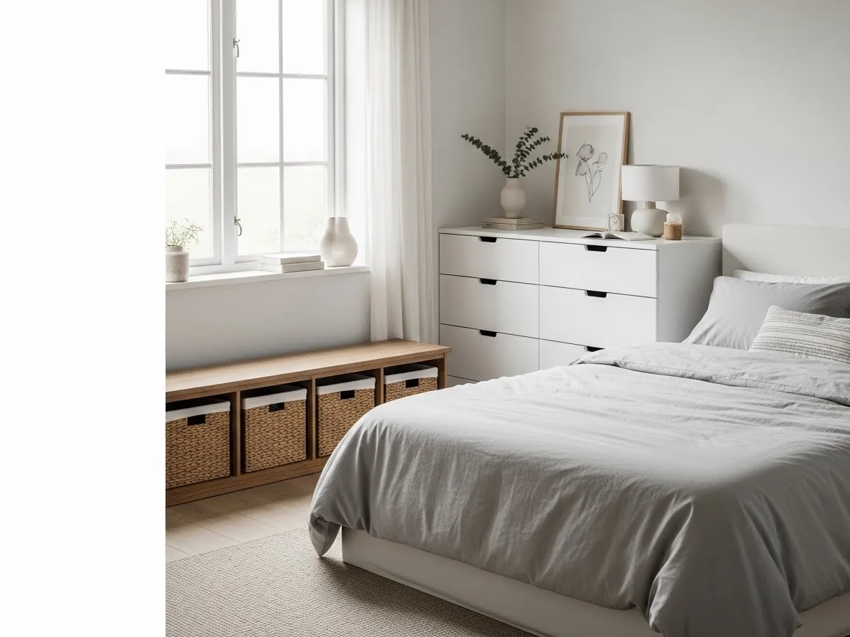 Hidden bedroom storage using baskets and drawers to keep the room tidy and clutter-free.