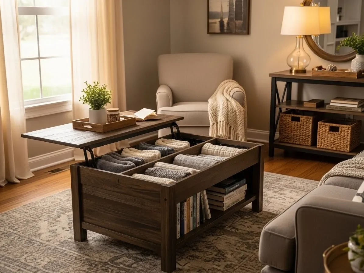 Hidden storage furniture used to organize a small apartment.