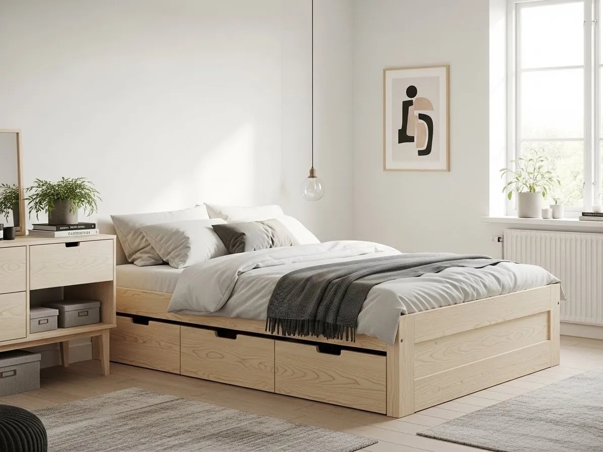 Hidden storage keeps a Scandinavian bedroom clutter-free with a clean minimalist look.