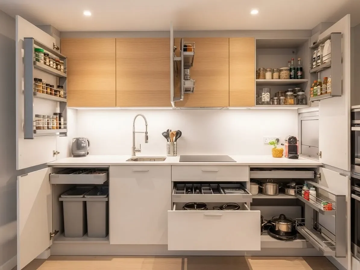 “Integrated and hidden storage keeping a small kitchen organized and clutter-free.”