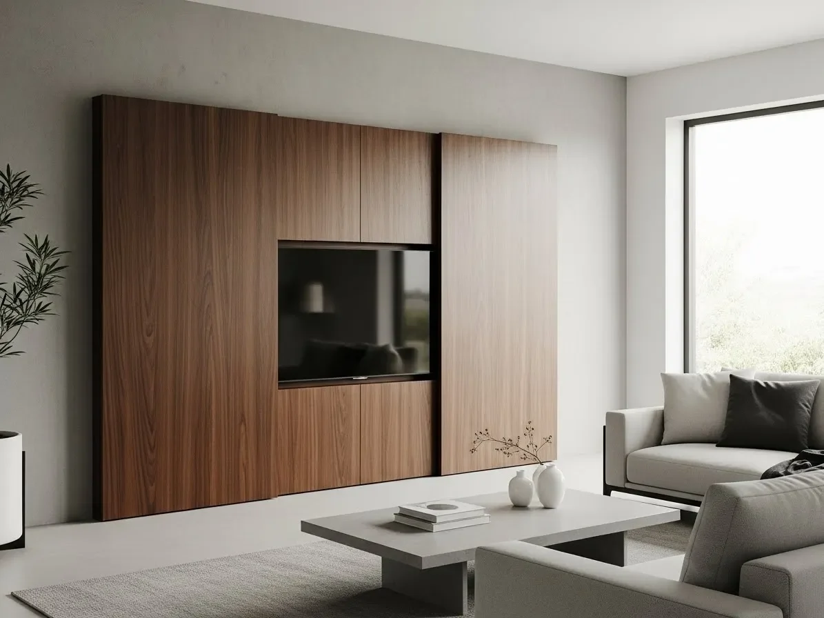 Hidden TV wall using sliding panels for a clean and minimalist look.