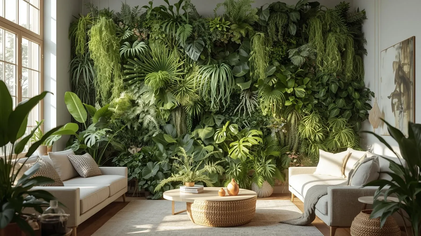 A modern living room with a lush indoor plant wall and cozy neutral decor.