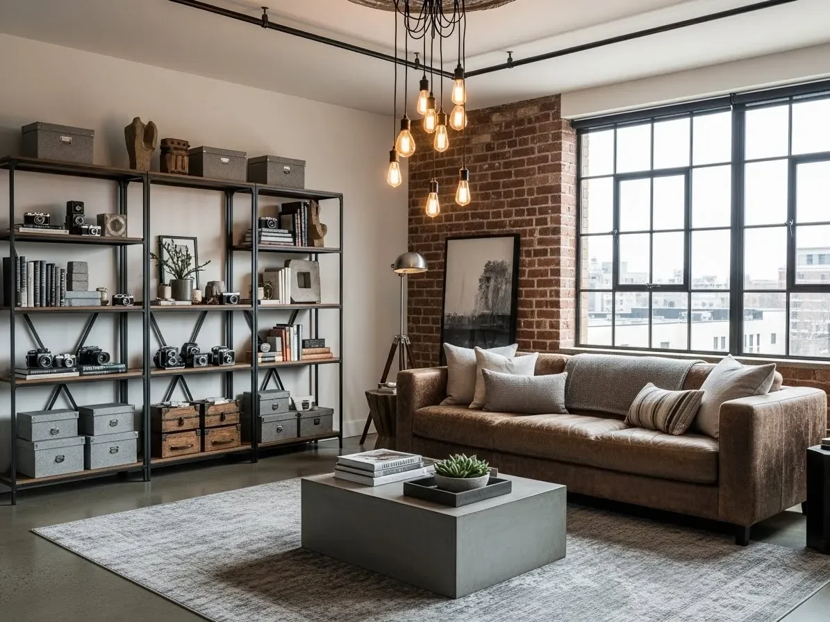 “Industrial living room with a brown couch, exposed brick, and metal accents.”