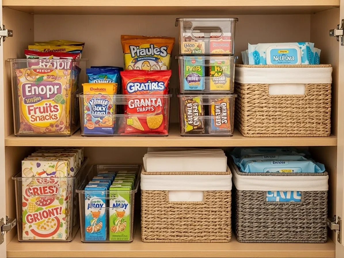 stackable bins organizing snacks and supplies inside kitchen cabinet — kitchen-cabinet-organization-ideas