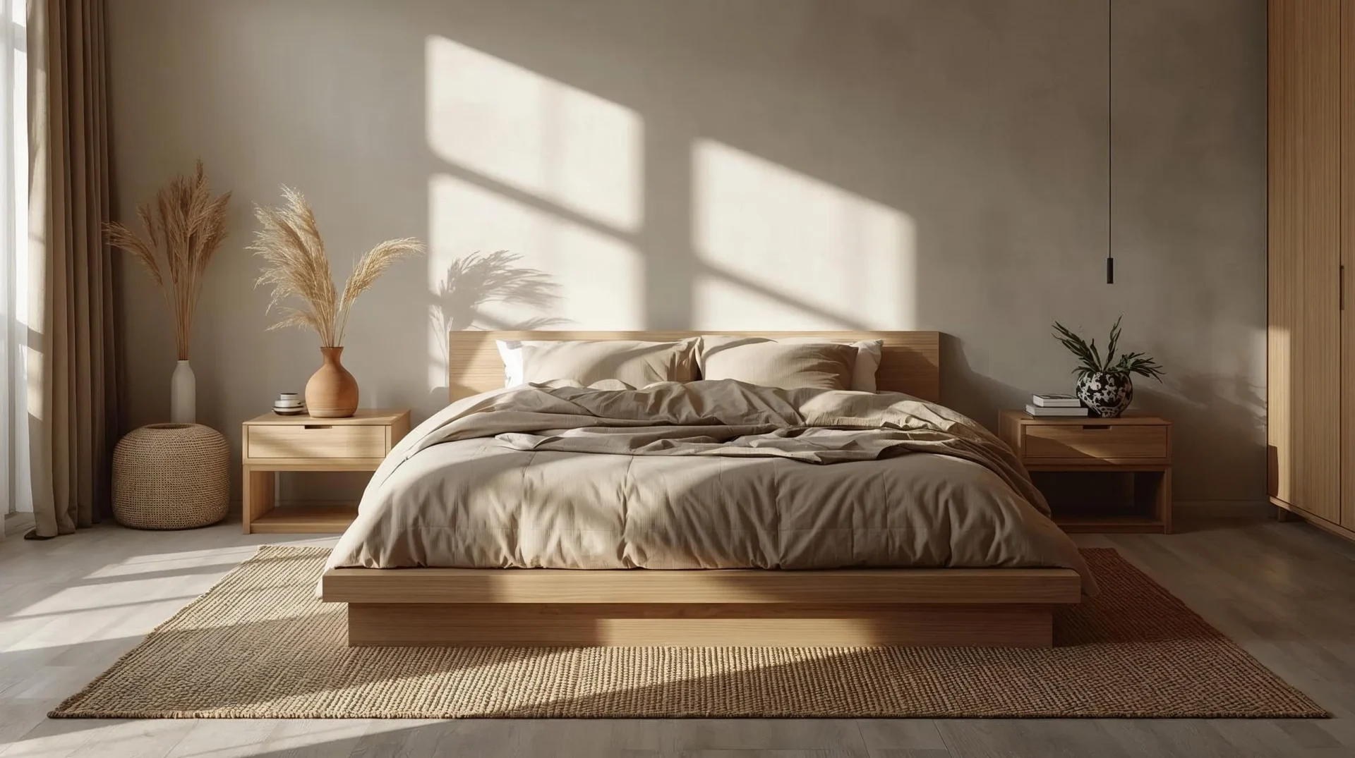 “A calm and cozy Japandi bedroom with a low platform bed, natural wood furniture, neutral colors, and soft natural lighting.