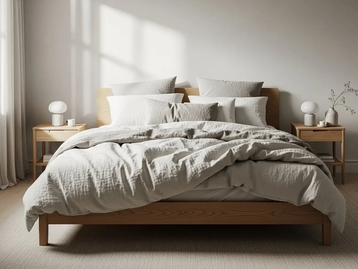 Japandi bedroom with natural wood furniture and minimalist Scandinavian-style layout.