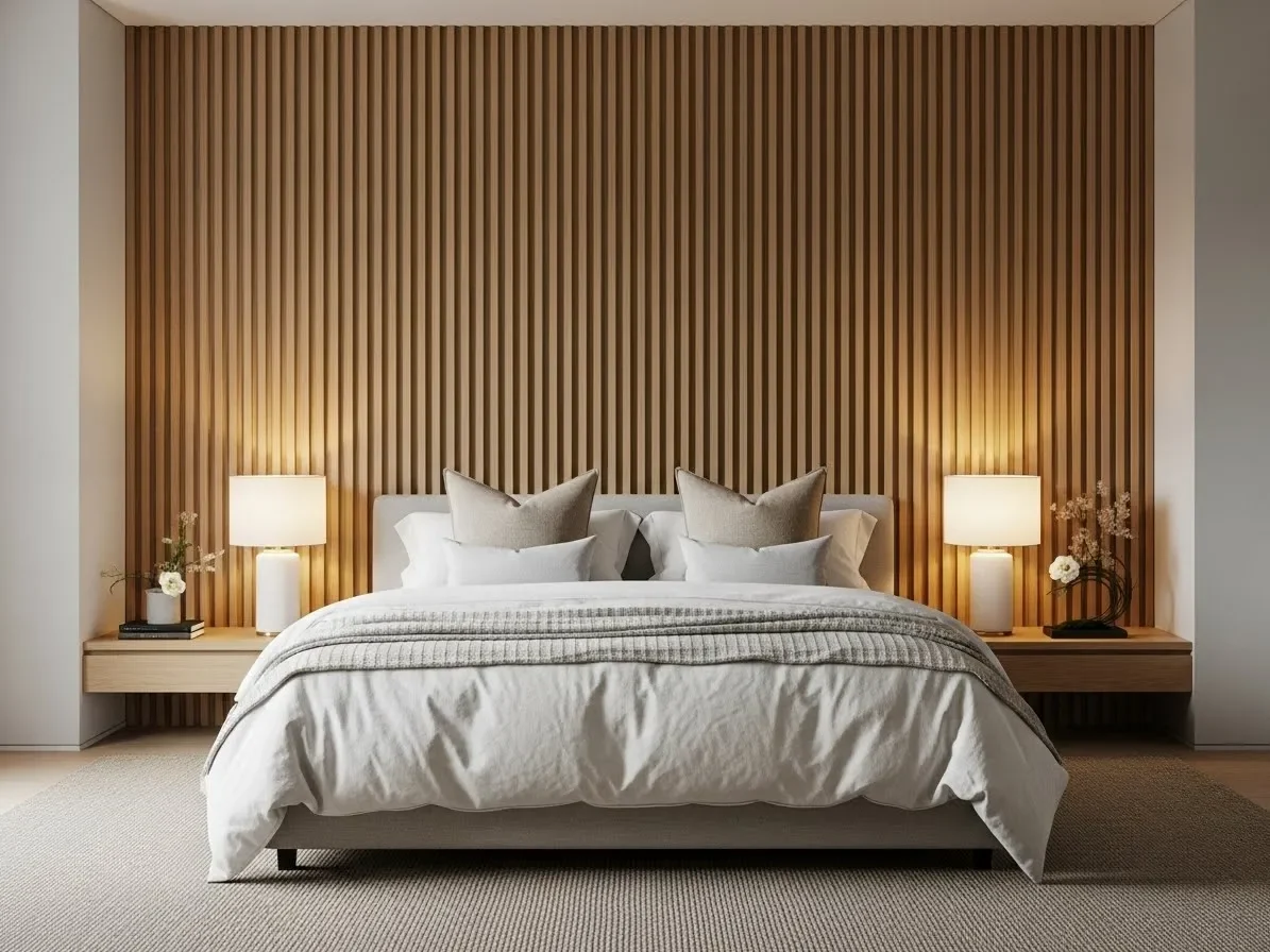 Japandi bedroom featuring a vertical wood slat accent wall behind the bed.