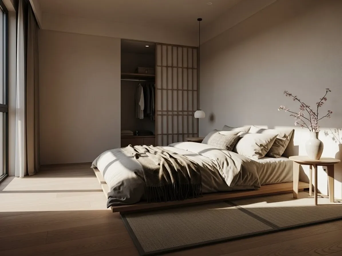 Low-profile platform bed in a Japandi bedroom with soft neutral tones.