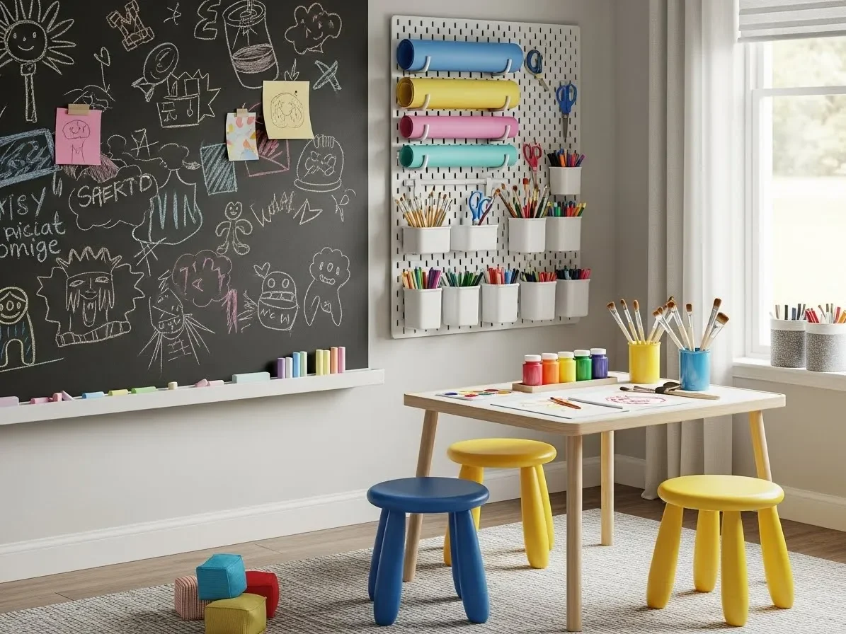 “Kids bedroom with an art and craft workshop corner featuring creative supplies.”