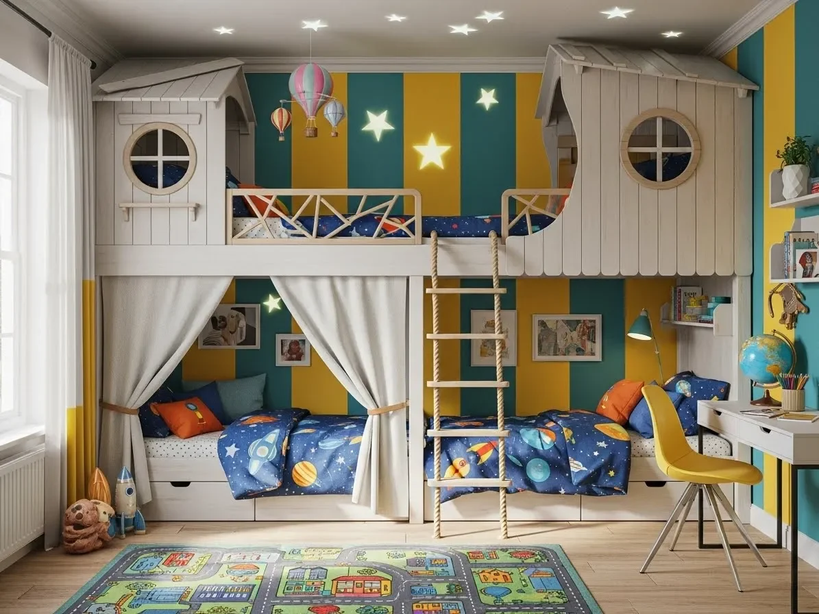 “Kids bedroom with playful bunk beds and colorful adventure-themed décor.”