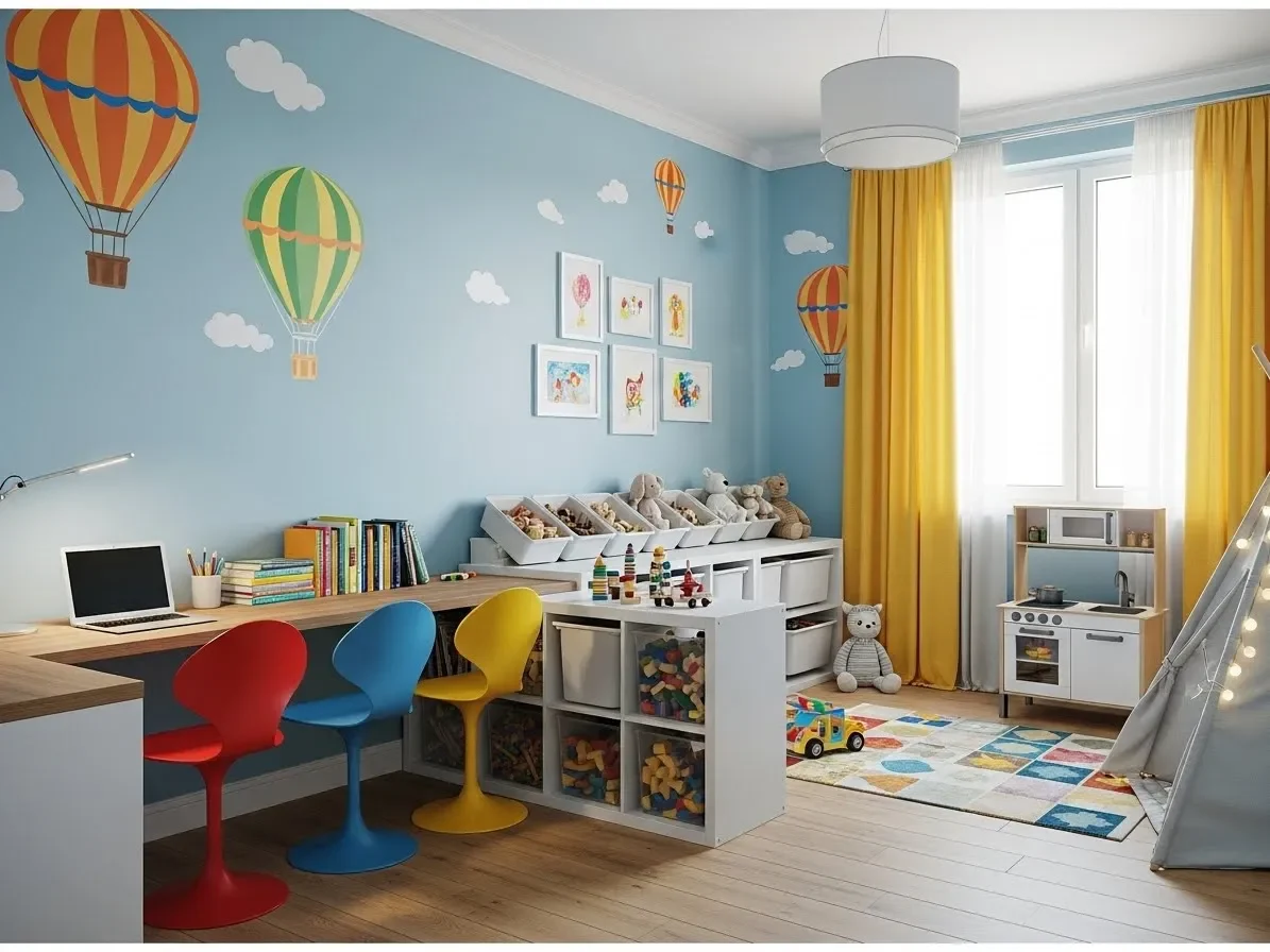 Kids bedroom with combined study zone and play area for functional design.”