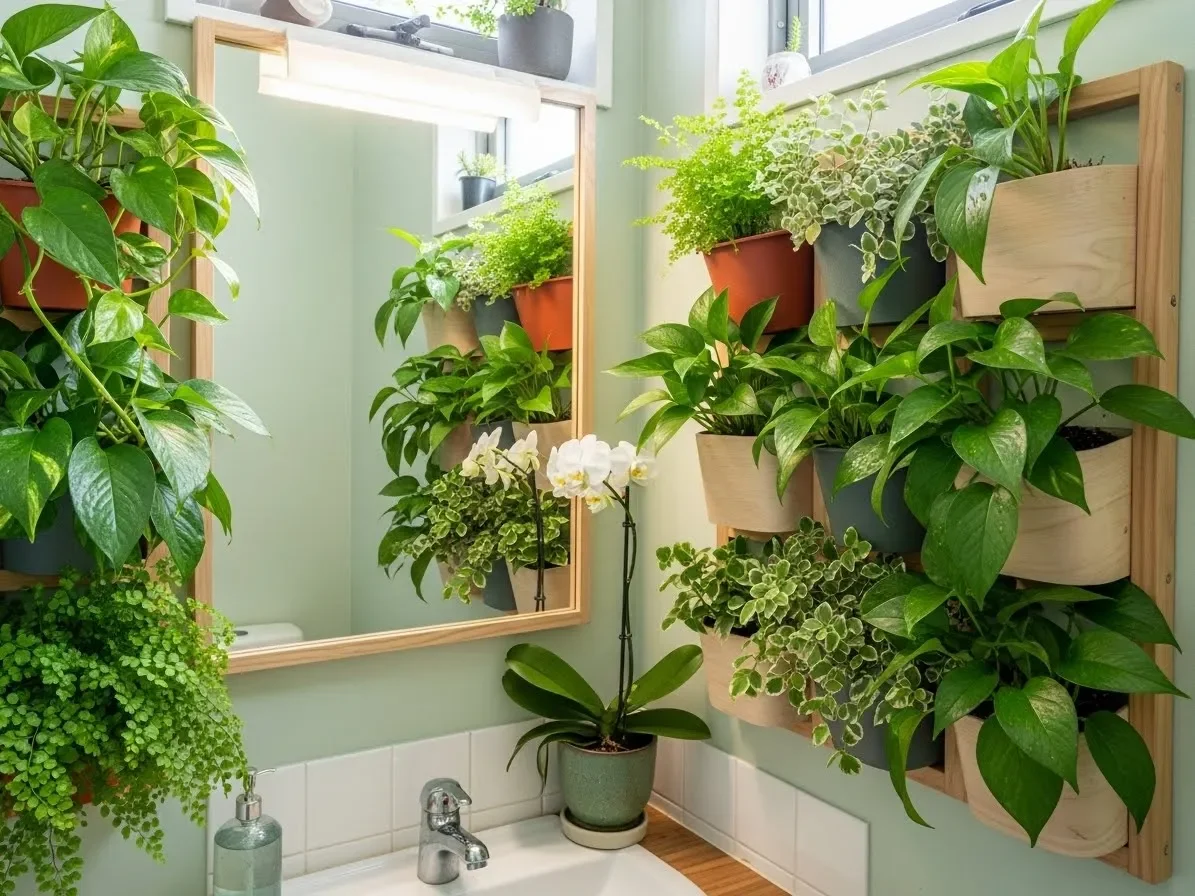 A kitchen or bathroom featuring a small indoor plant wall with herbs and green plants.