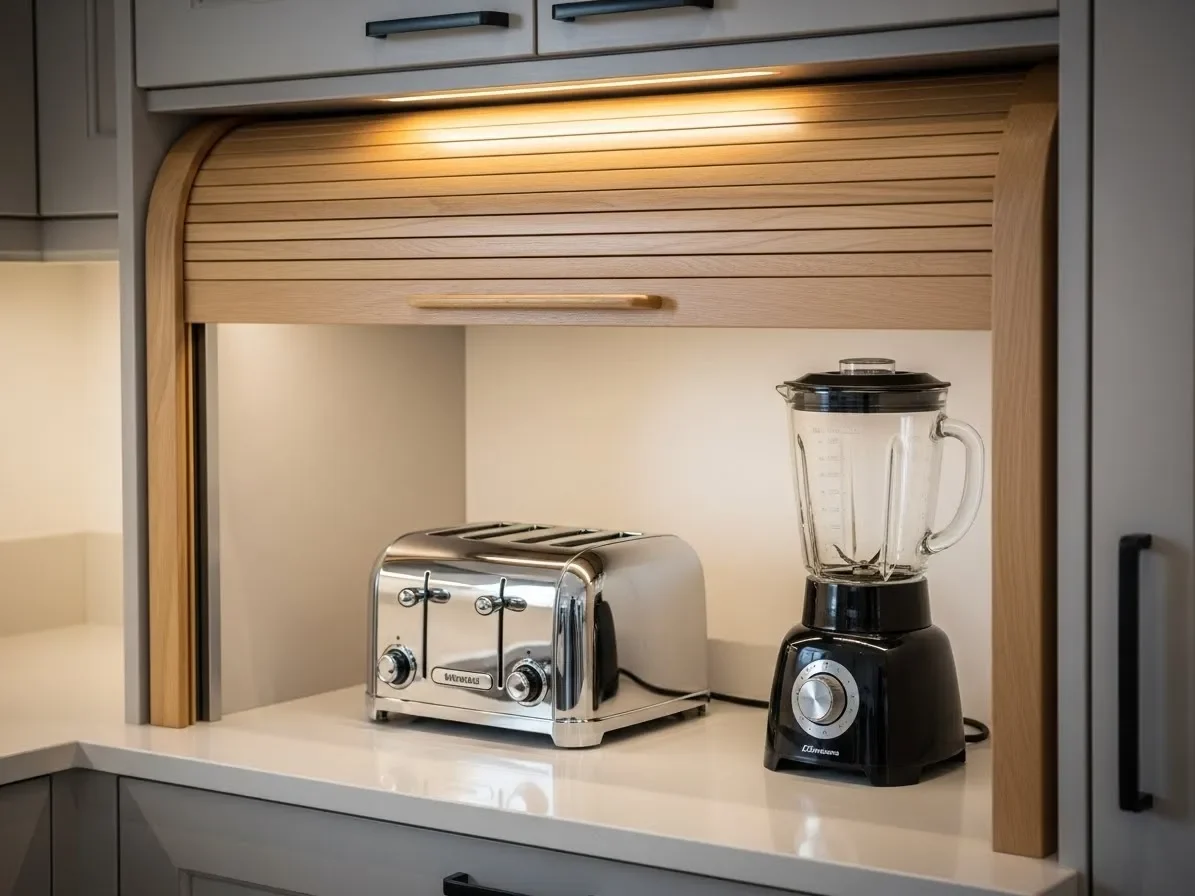 appliance garage hiding toaster and blender in cabinet — kitchen-cabinet-organization-ideas