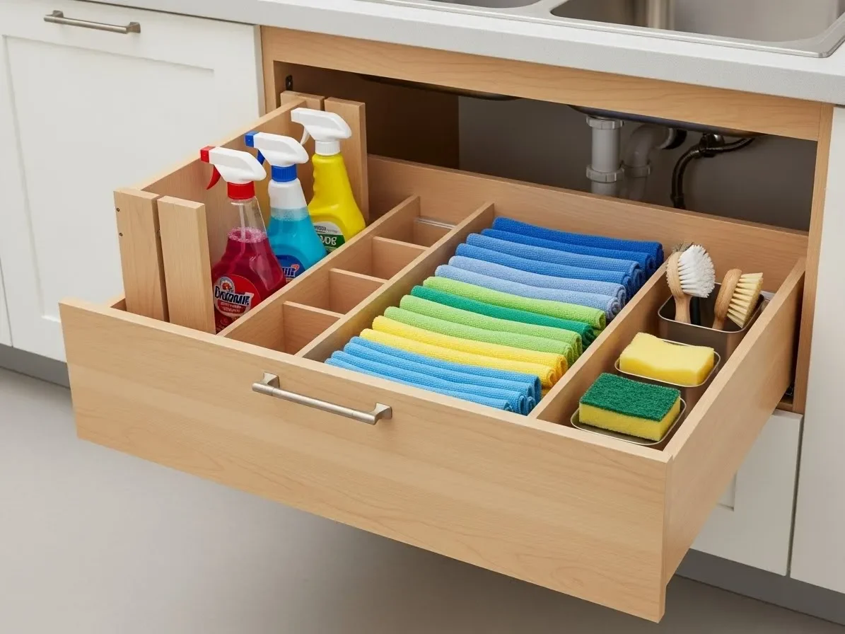 pull-out cleaning supply drawer under sink organizing sprays and cloths — kitchen-cabinet-organization-ideas