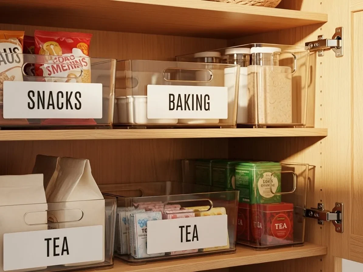  clear acrylic bins organizing pantry items inside a cabinet — kitchen-cabinet-organization-ideas