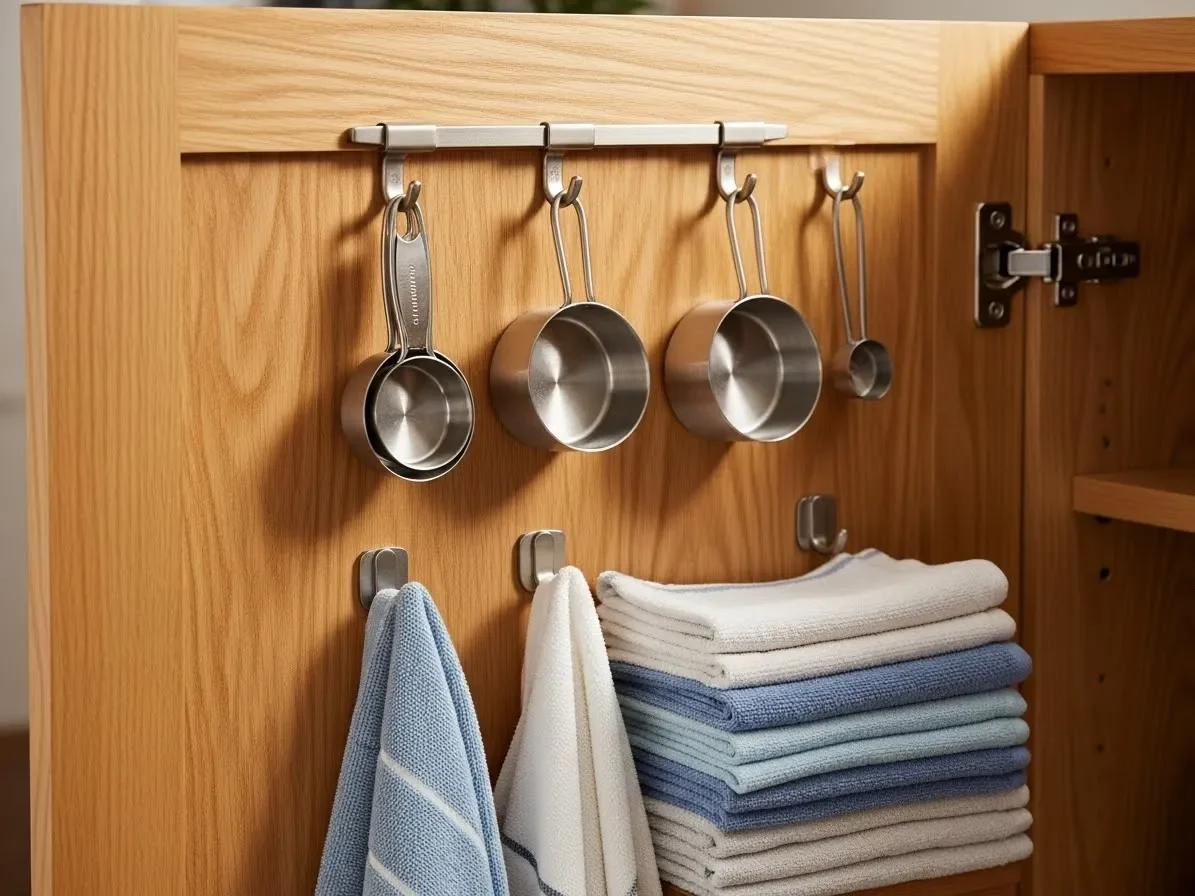 hooks on inside cabinet door holding measuring cups and towels — kitchen-cabinet-organization-ideas