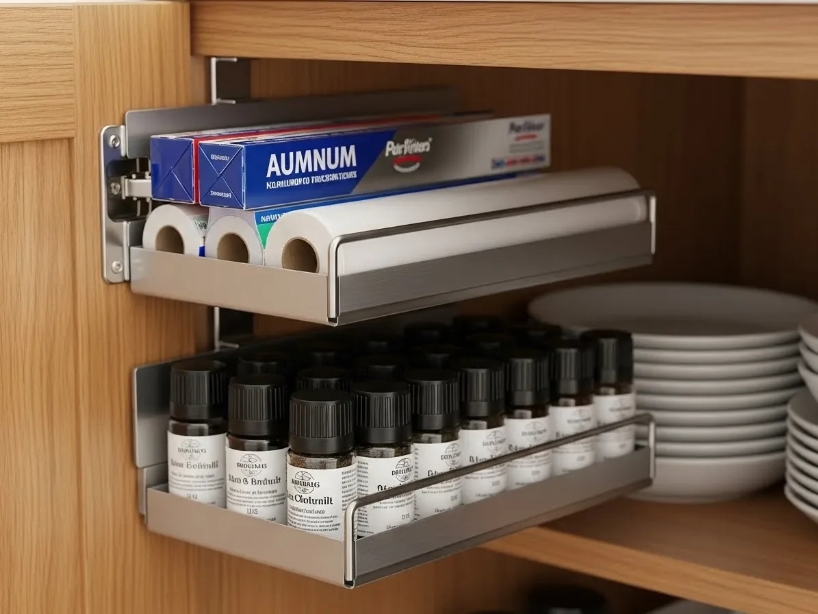  door-mounted organizer inside kitchen cabinet holding wraps and bottles — kitchen-cabinet-organization-ideas