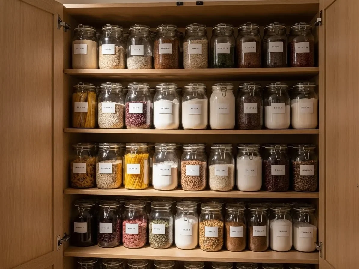 glass jars organizing pantry staples inside cabinet — kitchen-cabinet-organization-ideas