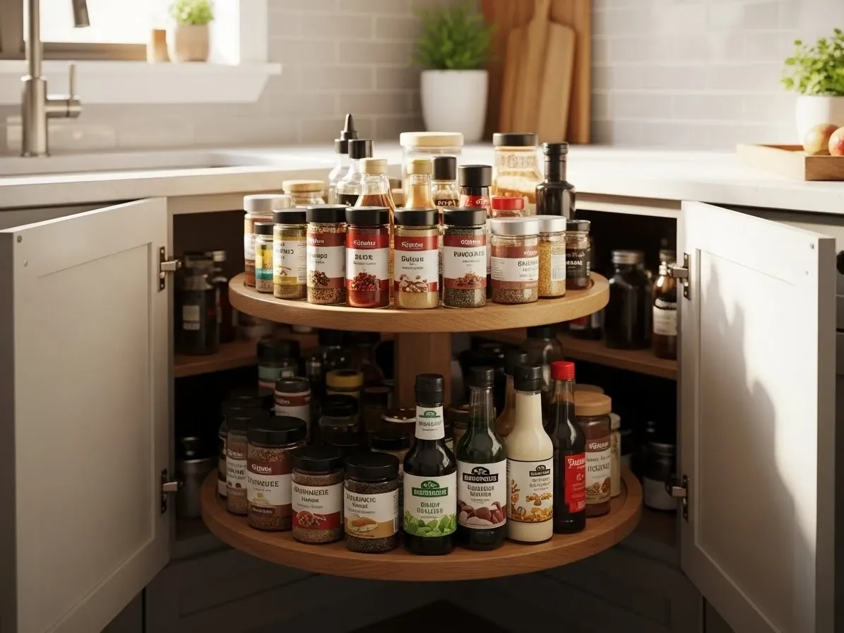  corner Lazy Susan with spices and condiments inside cabinet — kitchen-cabinet-organization-ideas