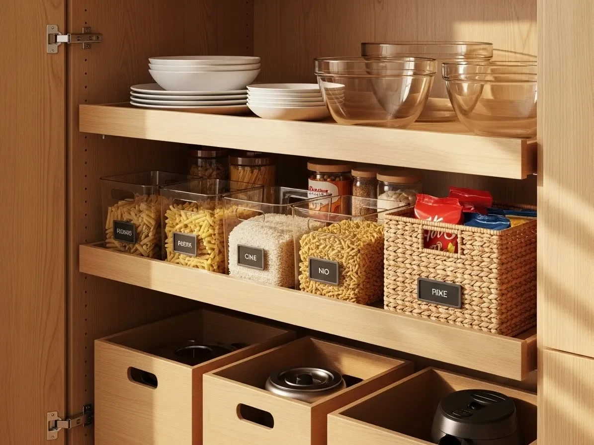 modern pull-out kitchen shelves organizing plates and bins — kitchen-cabinet-organization-ideas
