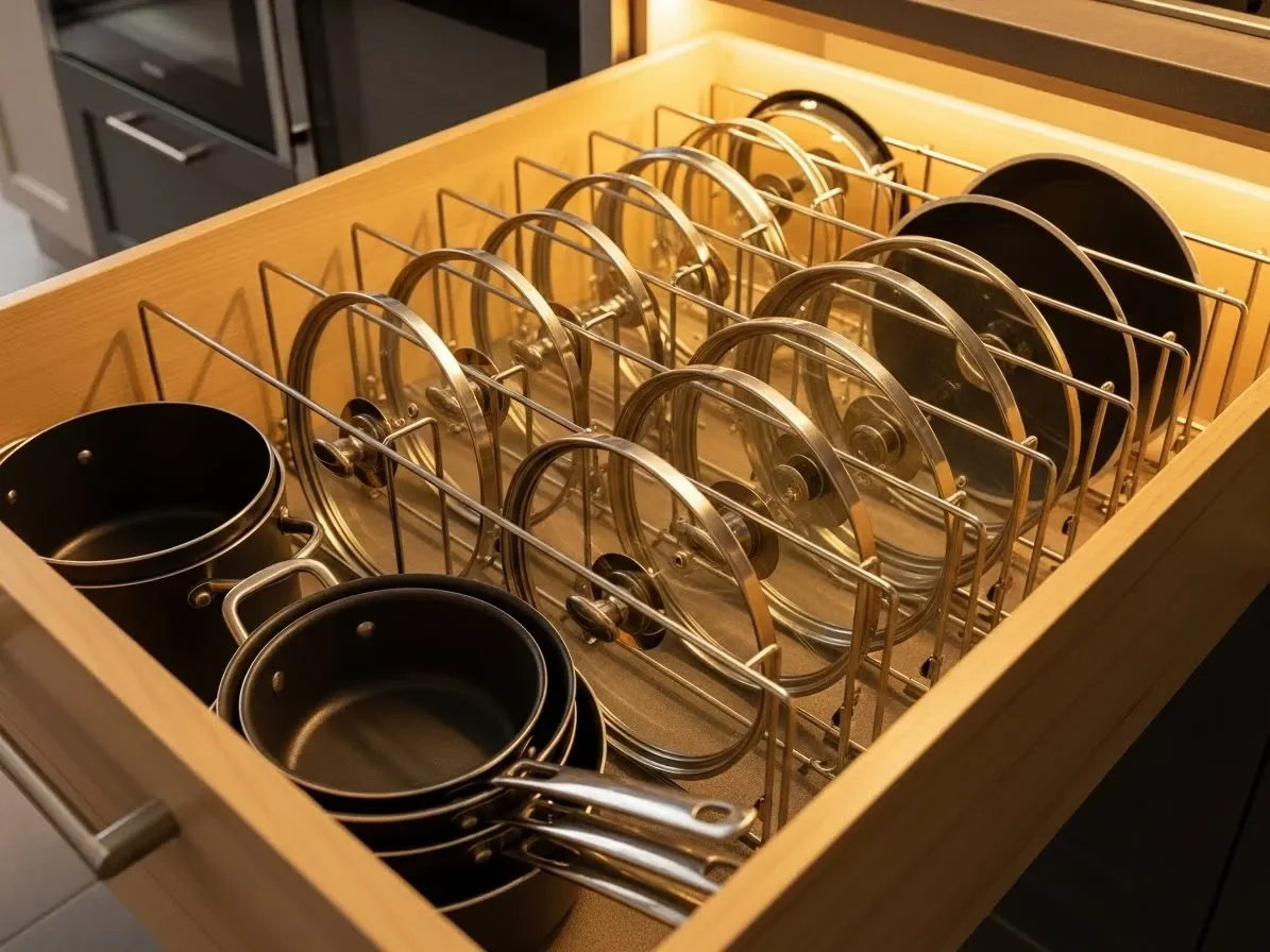  pull-out cookware drawer with dividers organizing pots and lids — kitchen-cabinet-organization-ideas