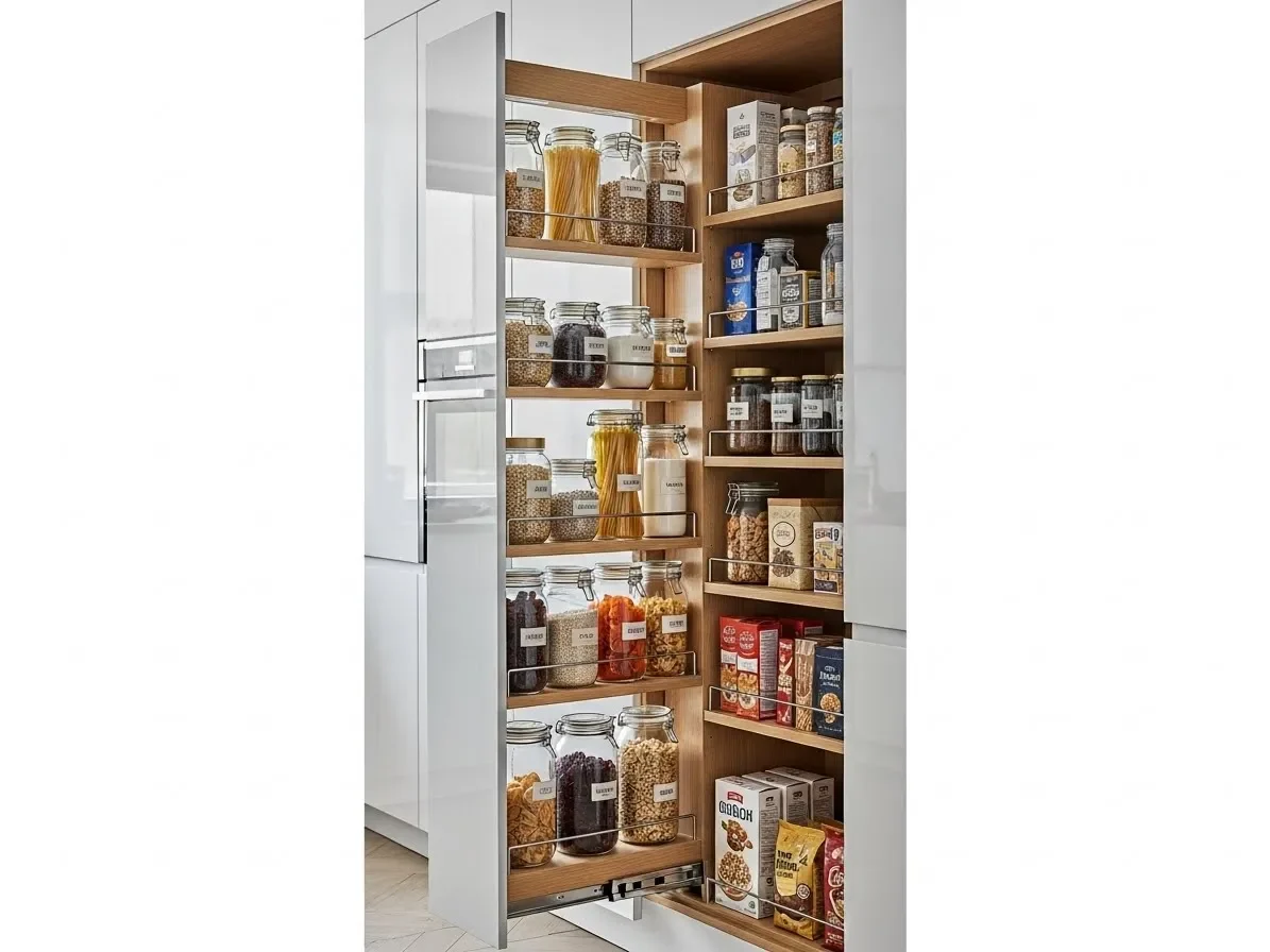 slim pull-out pantry with organized jars and snacks — kitchen-cabinet-organization-ideas