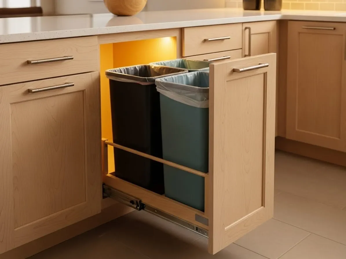 pull-out trash and recycling drawer hidden in kitchen cabinet — kitchen-cabinet-organization-ideas