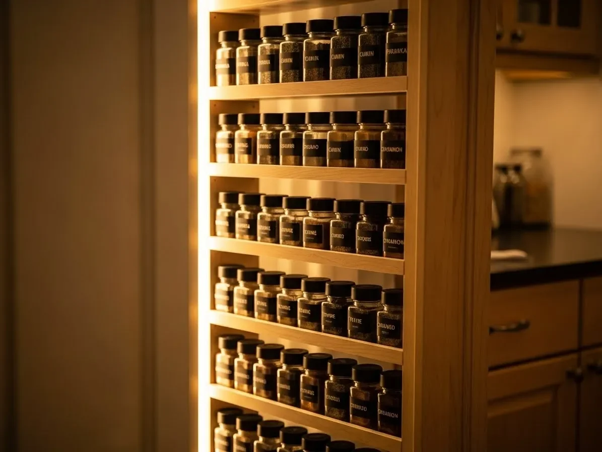  pull-out spice cabinet with labeled jars — kitchen-cabinet-organization-ideas
