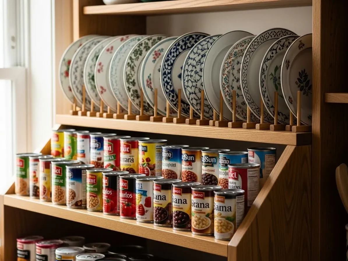  tiered shelf risers organizing dishes and pantry items — kitchen-cabinet-organization-ideas