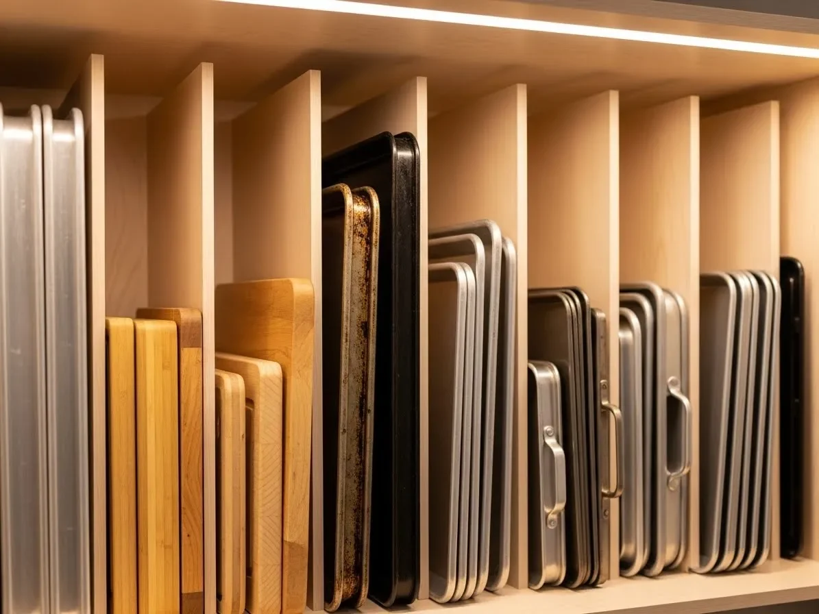 vertical dividers storing baking sheets and cutting boards inside a cabinet — kitchen-cabinet-organization-ideas