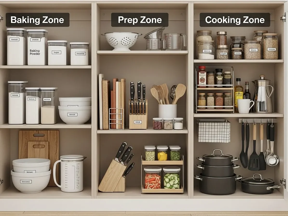 kitchen cabinets organized into labeled zones for cooking and prep — kitchen-cabinet-organization-ideas