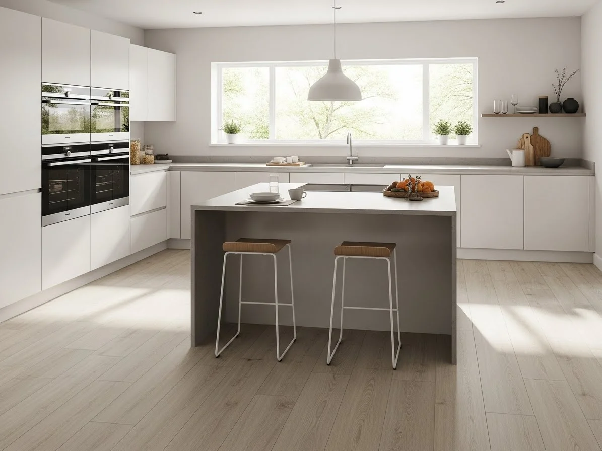 Modern kitchen featuring soft greige laminate flooring, minimal décor, and bright natural lighting.