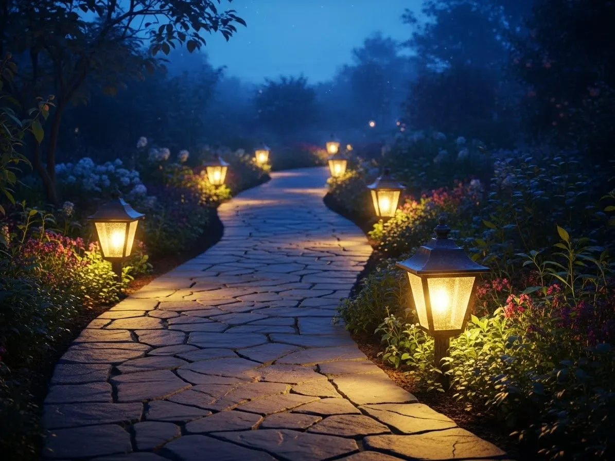 Lantern-style path lights glowing along a garden pathway at night.