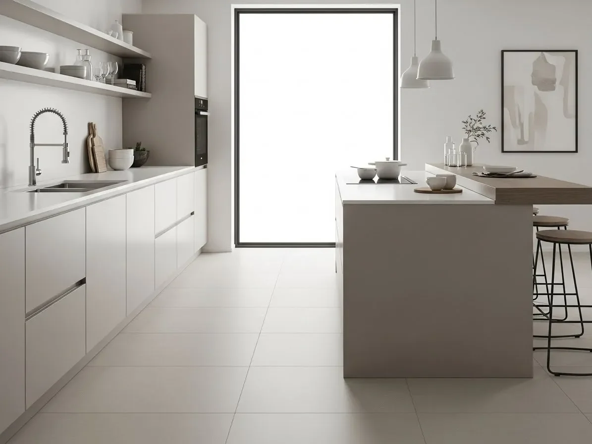 Modern kitchen with soft neutral large-format tile flooring, clean lines, and minimalist styling