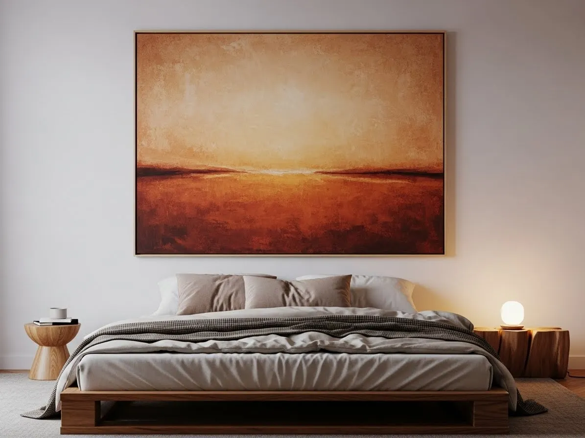 Large statement artwork above a bed without a headboard in a cozy minimalist bedroom with neutral bedding.