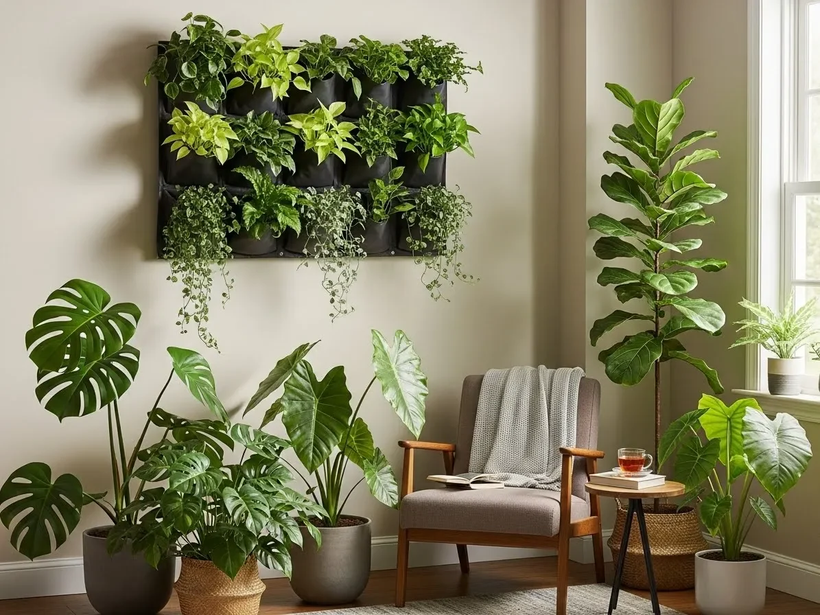 A layered plant setup combining wall-mounted plants and tall floor plants in one corner.