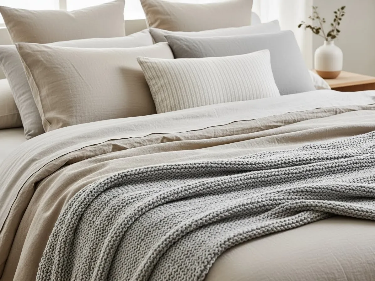 Layered neutral bedding with linen and throws for a cozy Scandinavian bedroom look.