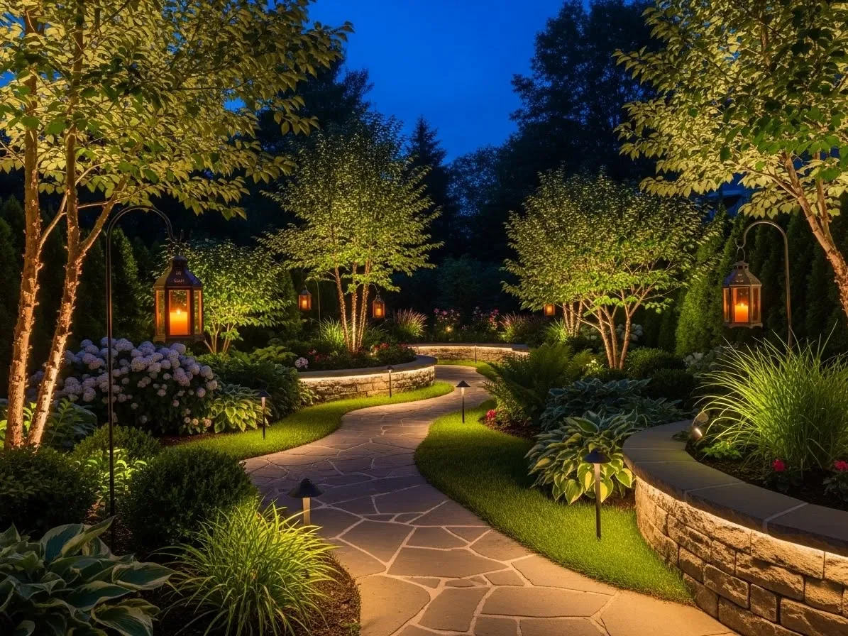 Layered outdoor lighting design combining path lights, uplights, and lanterns.