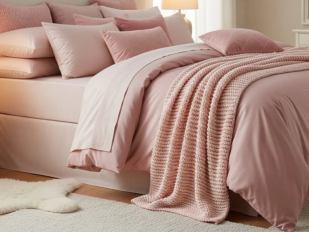 Cozy pink bedroom with layered pink bedding and textured pillows.