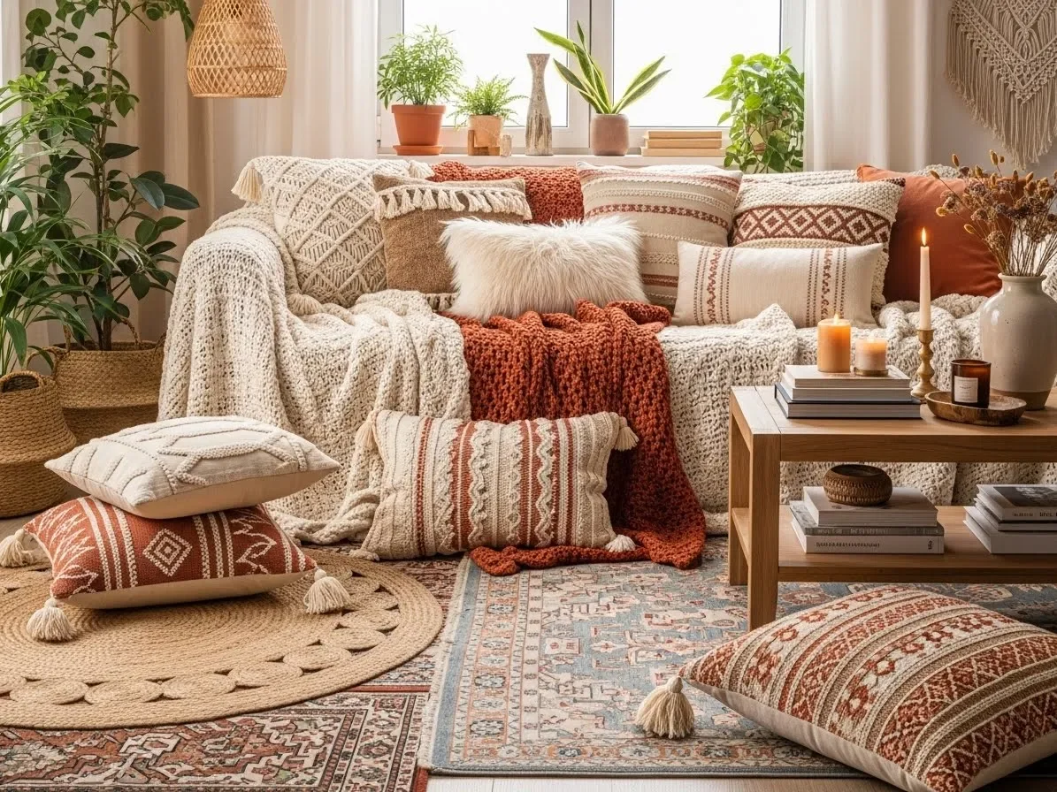 “Boho living room with layered rugs and cozy textured fabrics.”