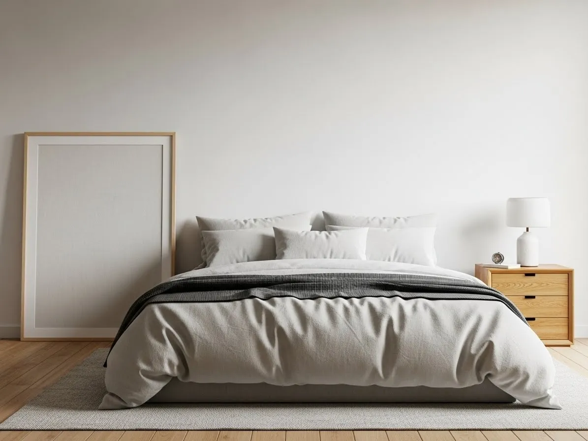 Oversized framed art leaning behind a bed without a headboard in a warm minimalist bedroom.