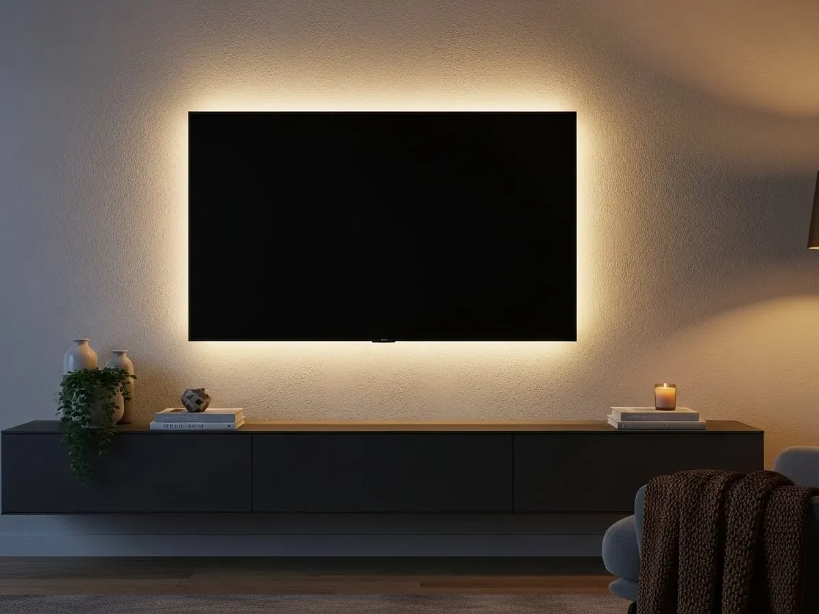 Modern TV wall featuring LED backlighting for a cozy and stylish look.