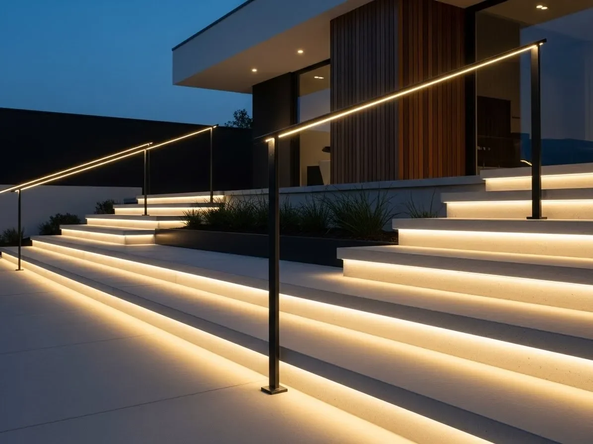 LED strip lighting illuminating outdoor steps at night.