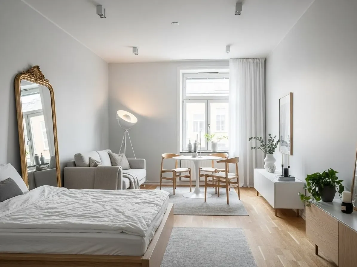 A studio apartment using light colors and mirrors to appear larger and brighter.