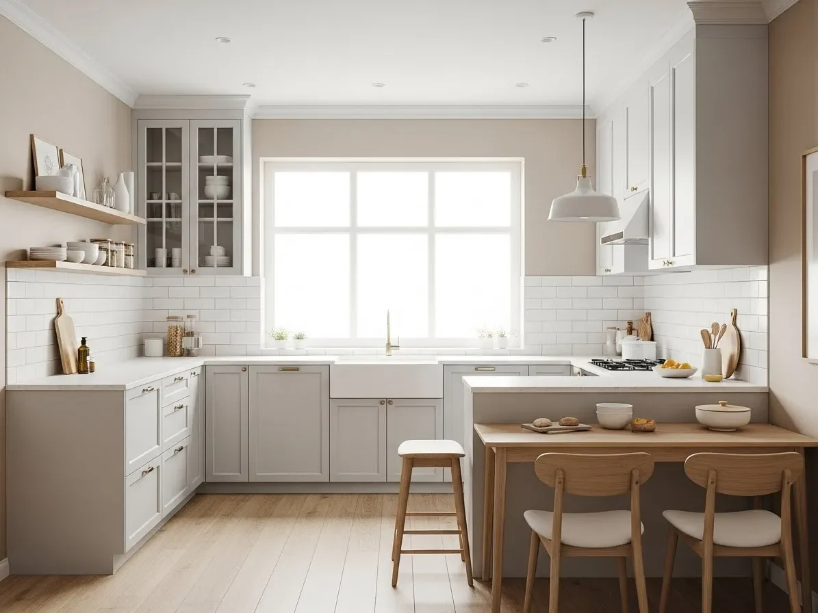 “Small kitchen design using light colors to make the space feel larger and brighter.”