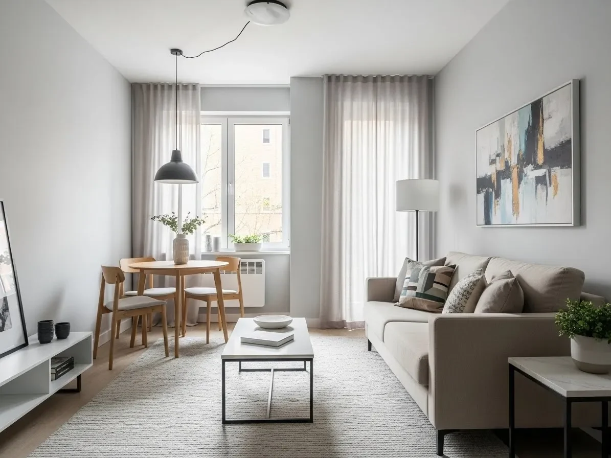 “Bright small living-dining room with soft grey walls, beige sofa, light rug — making space feel larger and airy.”