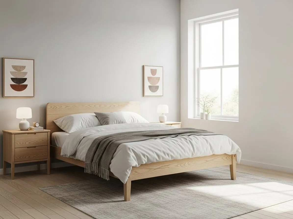 Light wood furniture in a Scandinavian bedroom with a minimalist, cozy design.