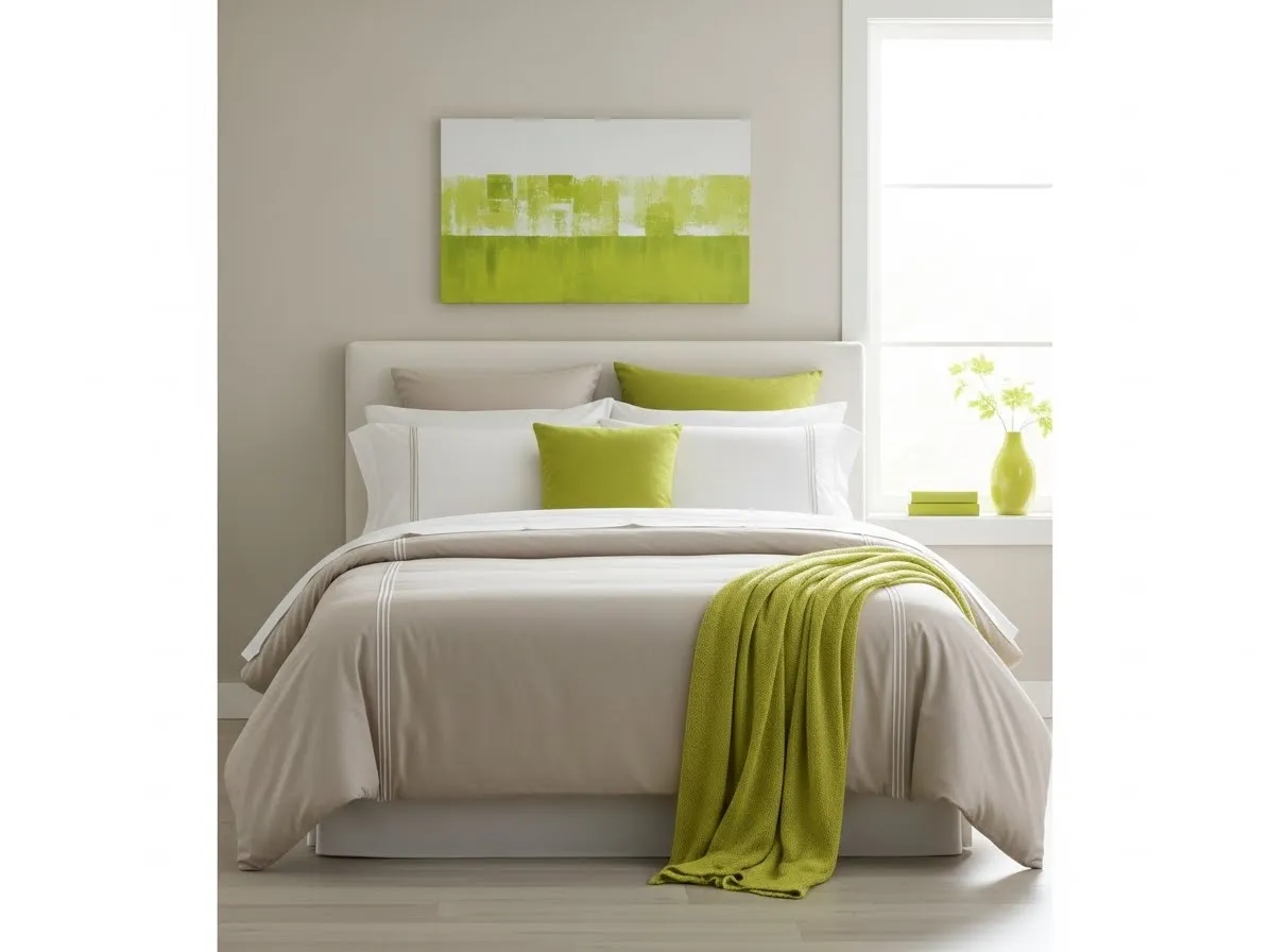 Neutral bedroom with lime green accent pillows and decor for a fresh and playful update.
